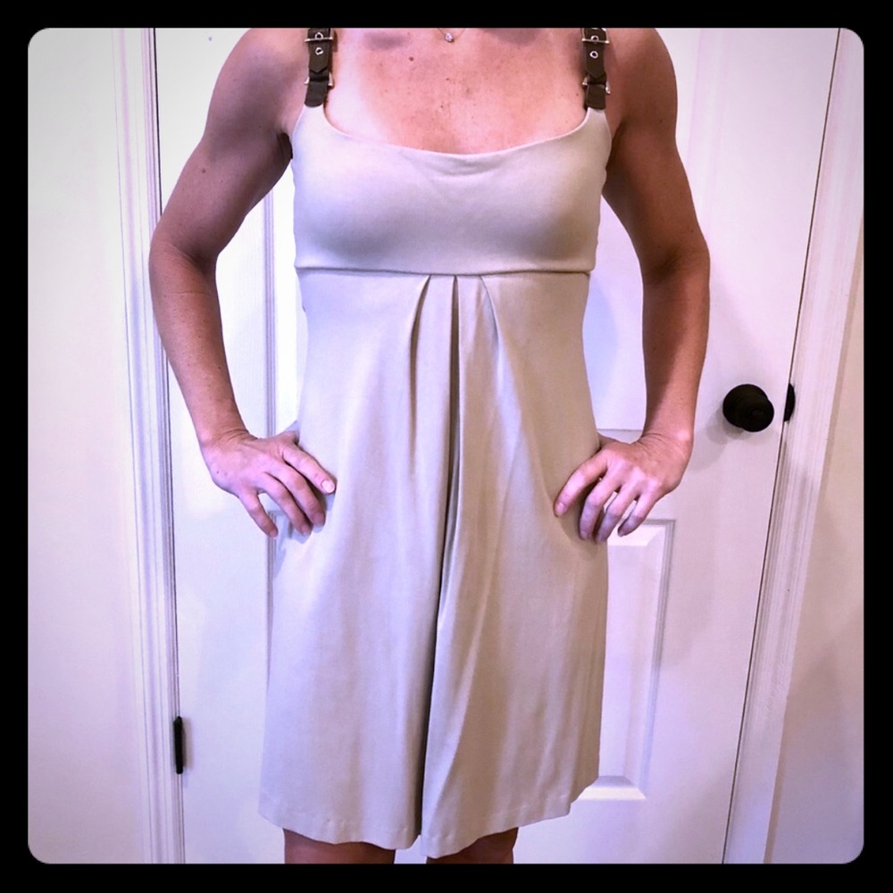 Tan mini sun dress with leather straps very nice!